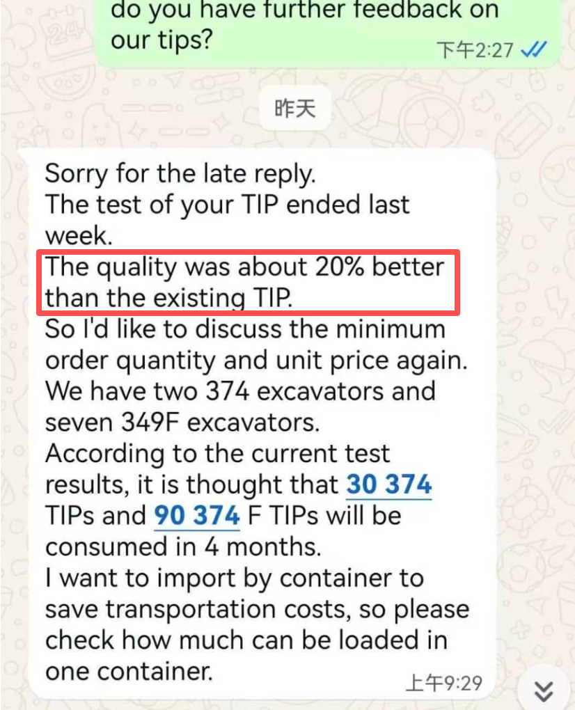 CAT J550/600 Feedback da qualidade do dente da caçamba